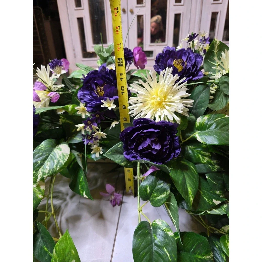 Silk‎ Purple Peony Cream Chrysanthemum Floral Arrangement in Wicker Basket 35in